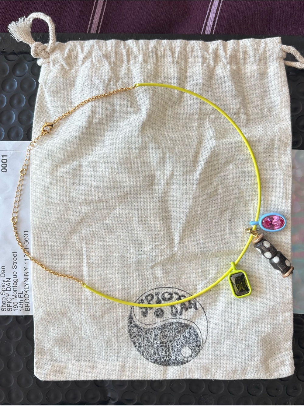 Spicy Dan Necklace with Neon Yellow Cord and Pink Pendant - Picture 3 of 5